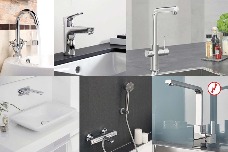 Collage verschiedener Wasserhähne für Badezimmer und Küche