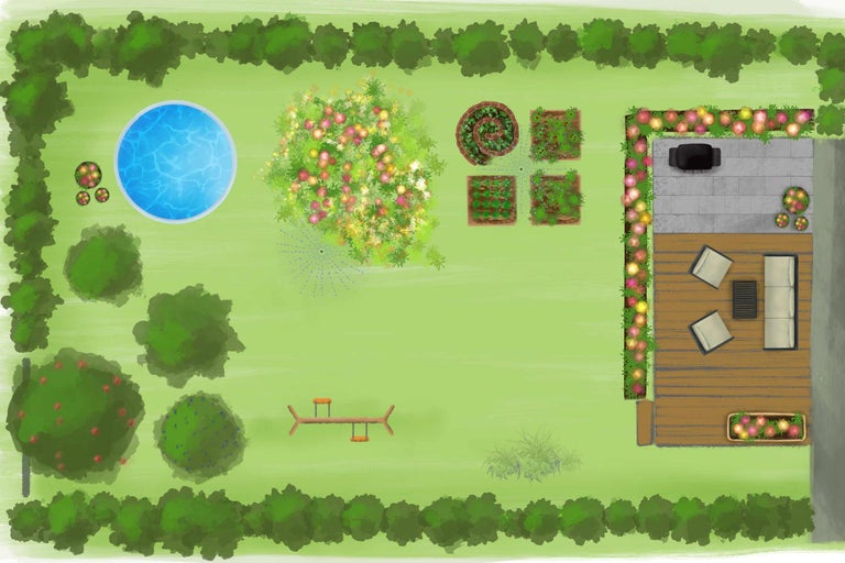 Draufsicht eines Gartens mit Pool, Terrasse, Hochbeet und Schaukel