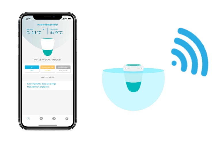 Smartphone-App zur Poolwasseranalyse mit dazugehörigem Poolwasser-Messgerät