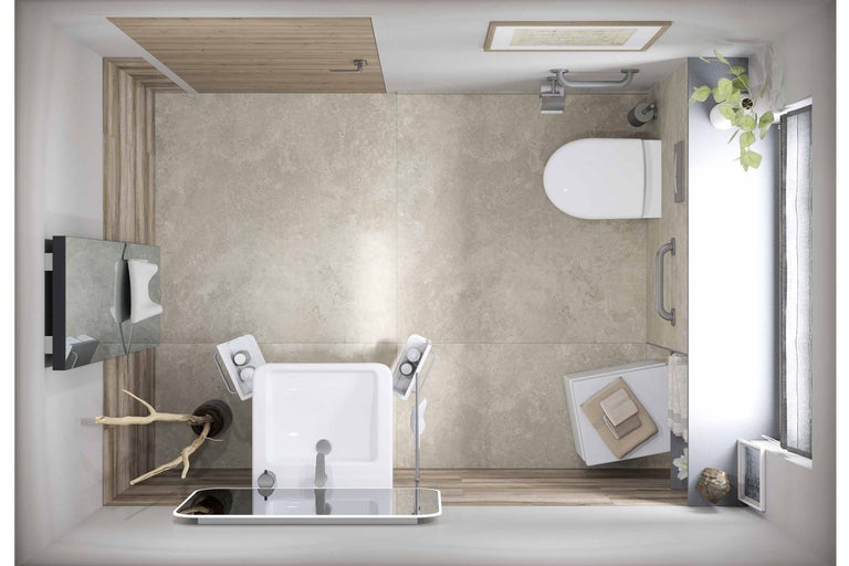Vogelperspektive eines Badezimmers mit Waschbecken, Toilette, Spiegel und Ablageflächen