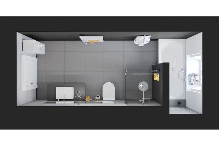 Draufsicht eines Badezimmers mit Waschbecken, Toilette, Dusche und Badewanne