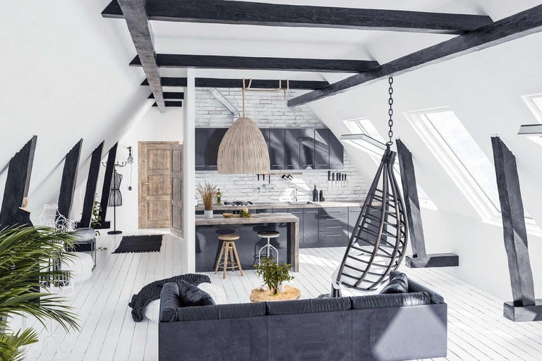 Helles Dachgeschoss Apartment mit Küche, Wohnbereich und Hängekorb