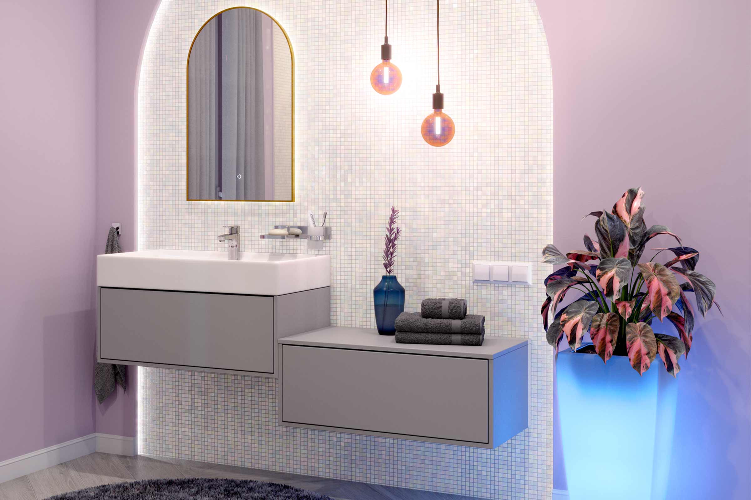 Modernes Badezimmer mit Waschtisch, Spiegel und Dekorationen.
