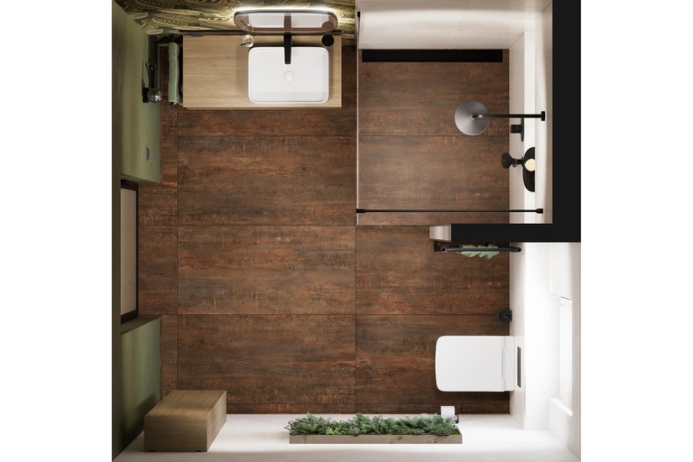 Ansicht von oben eines Badezimmers mit Waschbecken, Toilette und Dusche sowie Wand- und Bodenfliesen in Holzoptik.