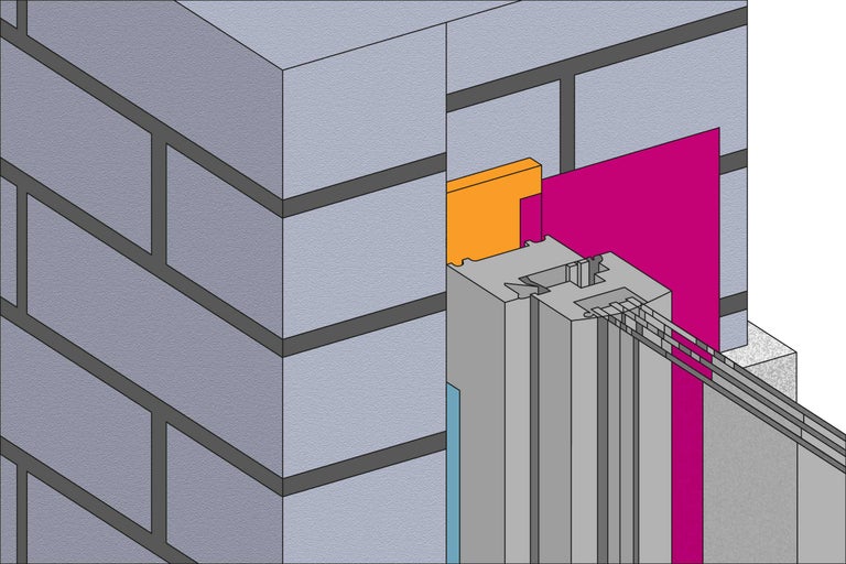 Detailansicht einer Fassadenkonstruktion mit Dämmung und Mauerwerk