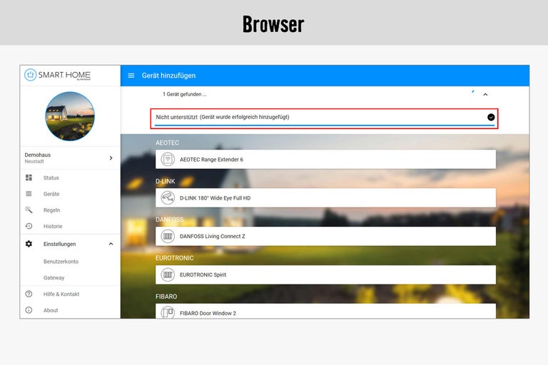 Smart Home Browseransicht zur Geräteinstallation