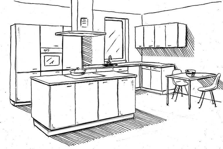 Skizze einer Küche mit Kücheninsel, Spüle, Dunstabzugshaube und Esstisch mit Stühlen