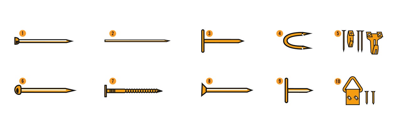Darstellung verschiedener Nagelarten: Stiftnagel, Drahtstift, Flachkopf Nagel, Hufnägel, Bilderhaken mit Nägeln, Ziernägel, Schraubnägel, Ankernägel, T-Stift, Bilderaufhänger mit Nägeln