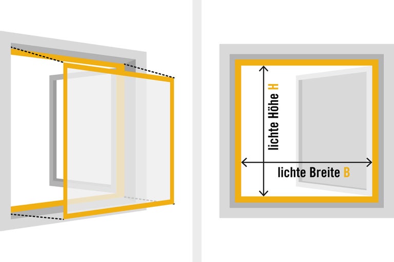 Illustration zur Messung der lichten Breite und Höhe einer Fensteröffnung.