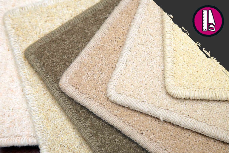 Verschiedene Teppichmuster und eine Säge- und Messersymbolgrafik