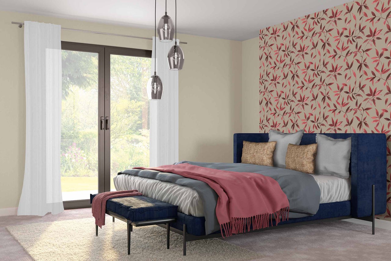 Schlafzimmer mit Bett, Nachttisch, Lampe und Dekoration in einem hellen und modernen Design.