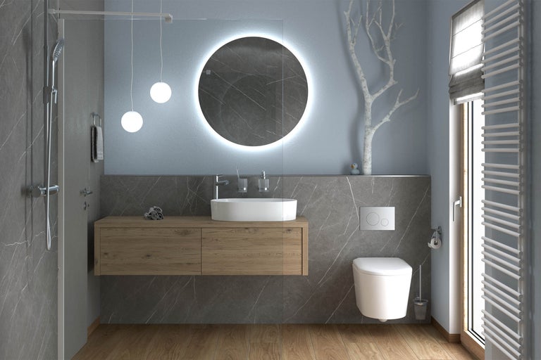 Modernes Badezimmer mit Holz-Waschtischunterschrank, rundem LED-Spiegel, Aufsatzwaschbecken, wandhängendem WC und Dusche.