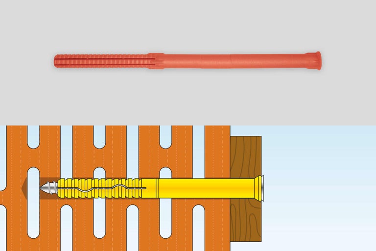Illustration einer Dübelbefestigung in Mauerwerk und Holz