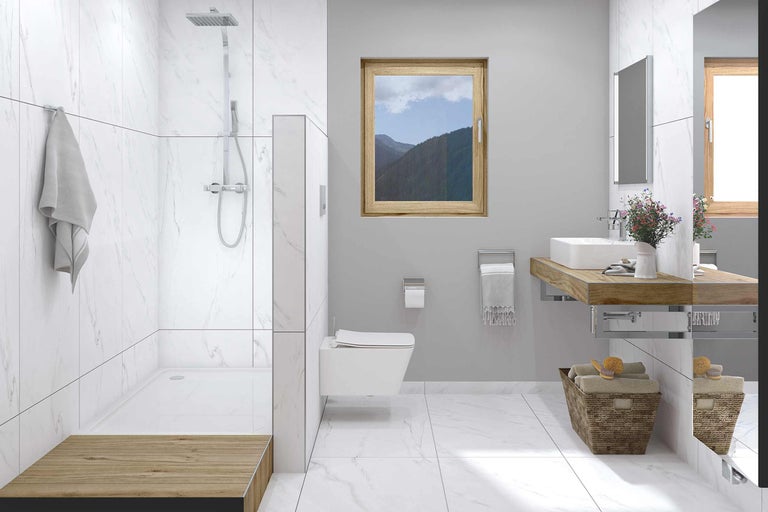 Badezimmer mit Dusche, Toilette, Waschbecken und Fenster