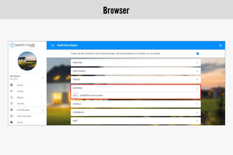 Smart Home Browseransicht mit Geräteauswahl für Gardena
