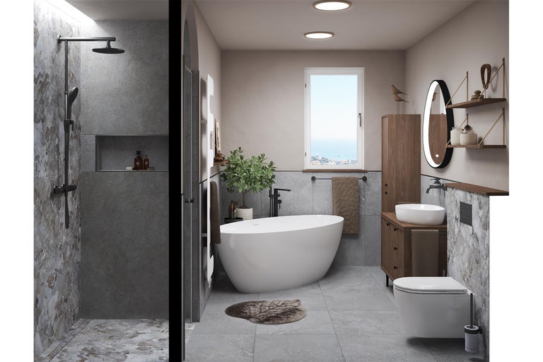 Modernes Badezimmer mit begehbarer Dusche, freistehender Wanne, Holz-Waschtisch, Aufsatzbecken, beleuchtetem Spiegel und grauen Steineffekt-Fliesen.