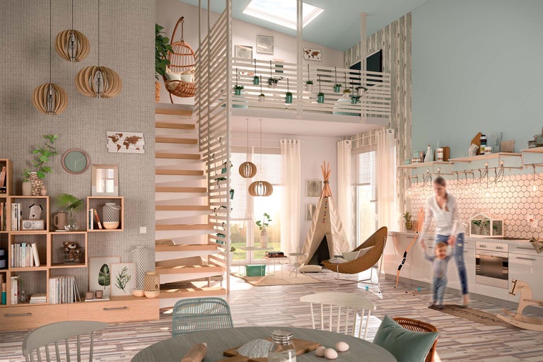 Heller Wohnraum mit Treppe, Bücherregal, Kinderspielbereich und Küchendetails