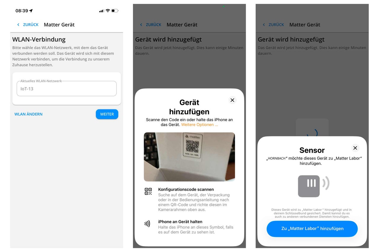Screenshots von Bildschirmen, die die Einrichtung eines Matter-Geräts zeigen
