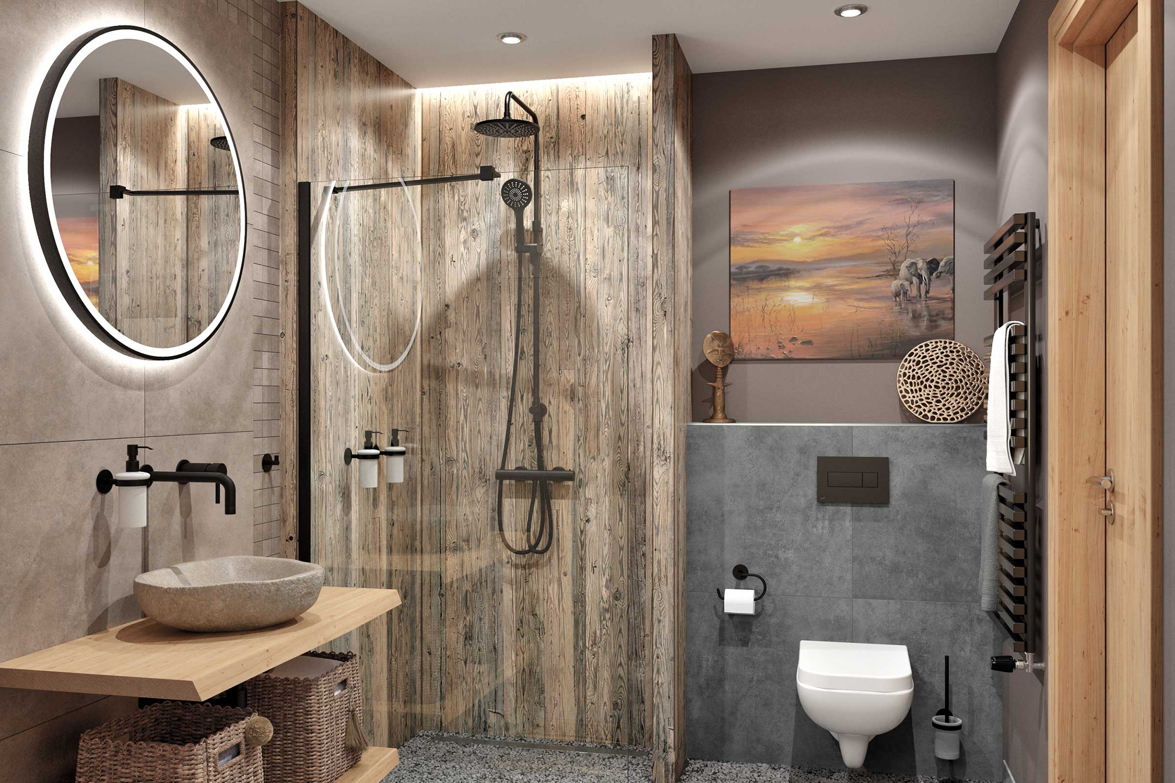 Helles Badezimmer mit Dusche, Waschbecken, Spiegel und Toilette