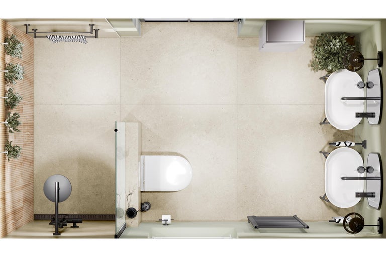 Draufsicht eines modernen Badezimmers mit zwei Waschbecken, WC, ebenerdiger Dusche und beigen Fliesen in Steinoptik.