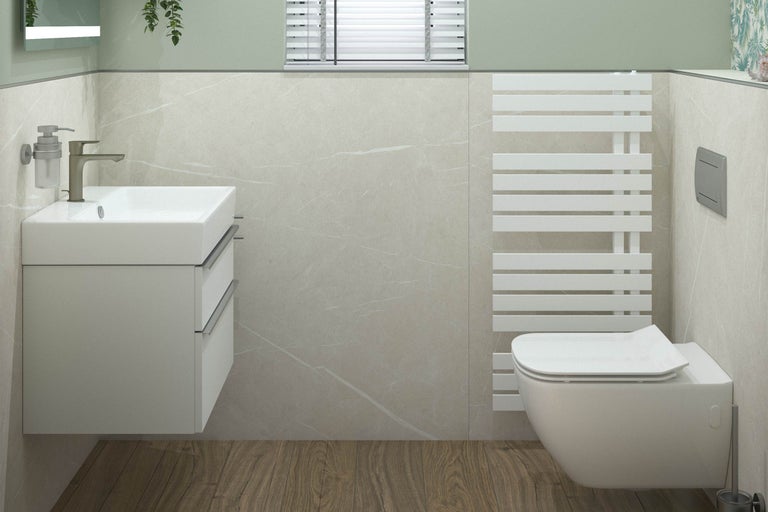 Modernes Badezimmer mit Waschbeckenunterschrank, Handtuchwärmer und Wand-WC