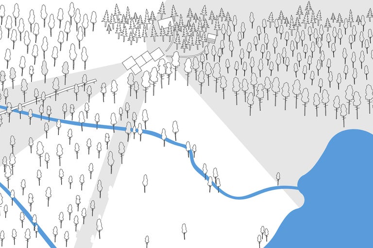 Übersichtskarte mit Wald, See, Fluss und Gebäuden