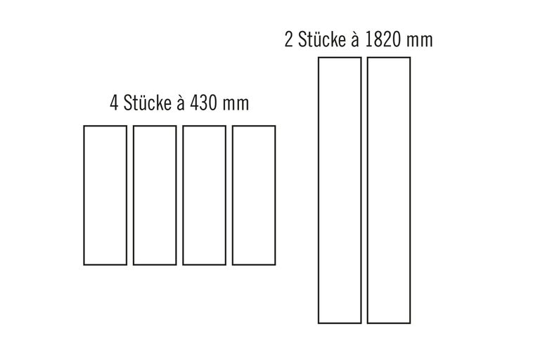 Illustration zeigt vier Stücke mit 430 Millimeter Länge und zwei Stücke mit 1820 Millimeter Länge.