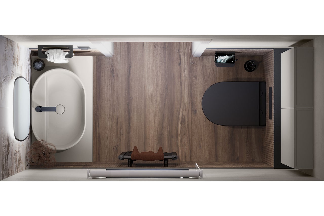 Ansicht eines modernen Badezimmers mit Badewanne, Toilette, Waschbecken, Spiegel, Heizkörper, Sitzbank, Schrank und Bodenbelag in Holzoptik