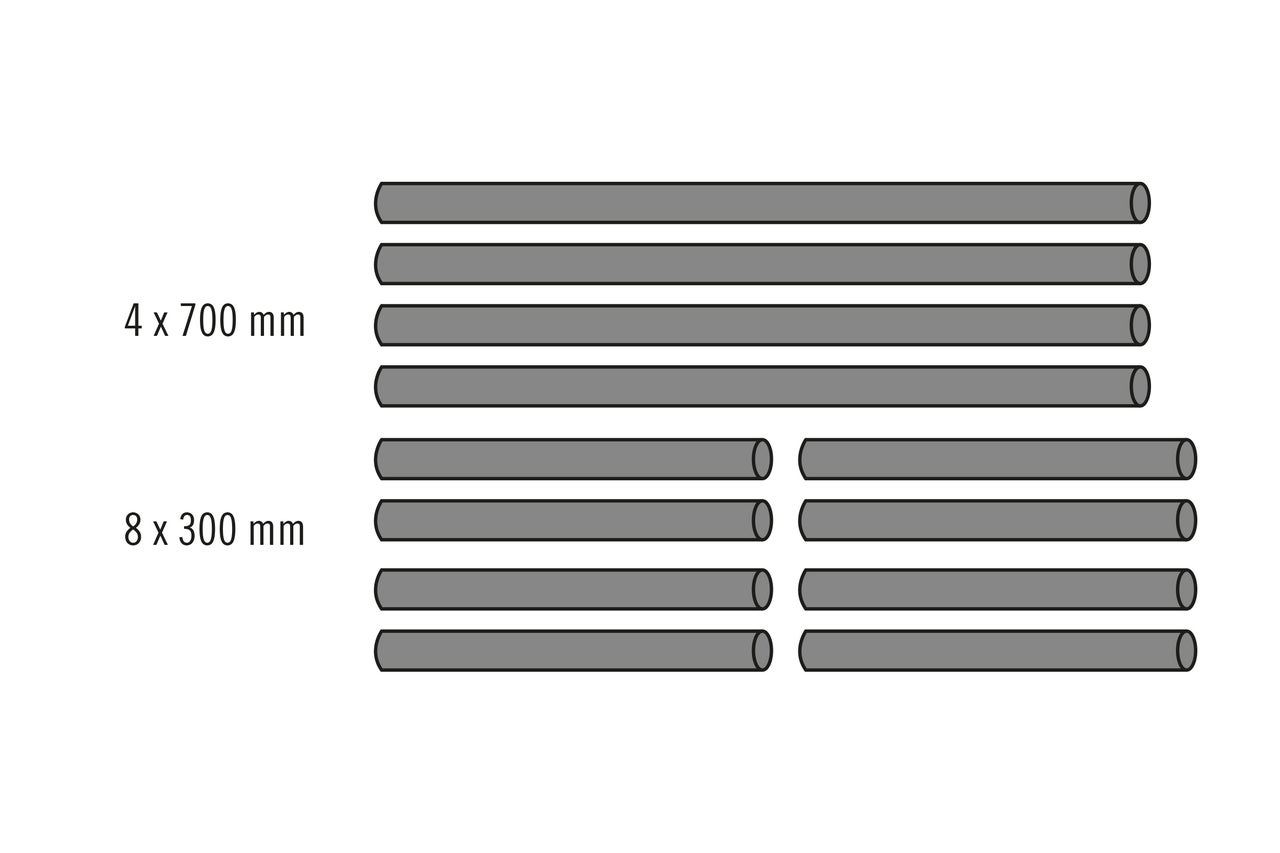 Illustration von vier Rohren mit einer Länge von 700 Millimetern und acht Rohren mit einer Länge von 300 Millimetern