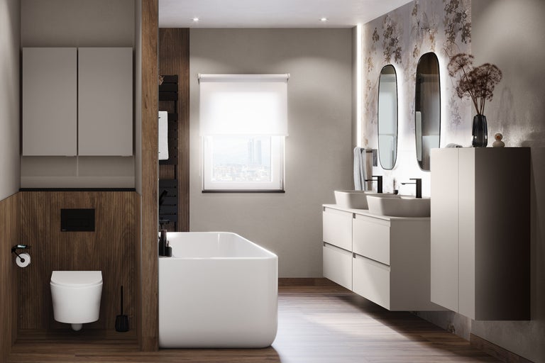 Modernes Badezimmer mit Badewanne, Waschbecken, Spiegeln und WC für ein stilvolles Ambiente