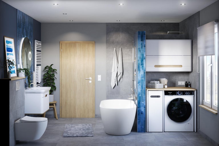 Badezimmer mit Badewanne, Waschbecken, Toilette, Waschmaschine und Holzdetails für ein helles und organisiertes Ambiente.