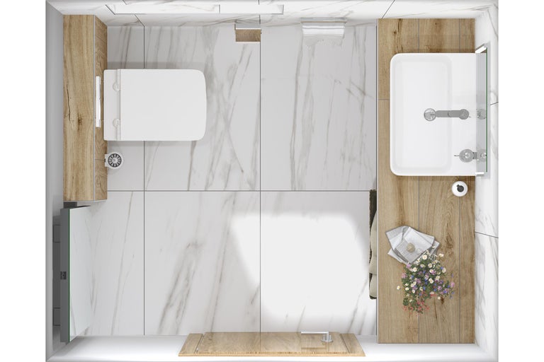 Draufsicht eines hellen Badezimmers mit Toilette, Dusche, Waschbecken und Spiegel