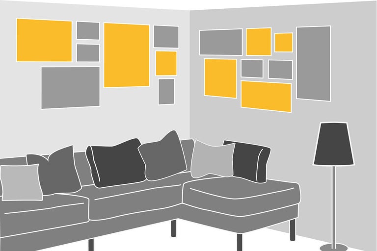 Wohnzimmer mit Ecksofa, Stehlampe und Bilderrahmen an der Wand