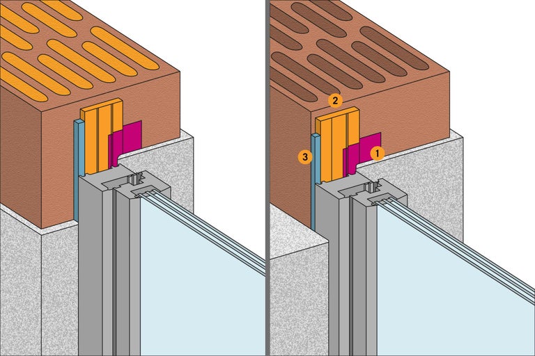 Schematische Darstellung einer Fensterabdichtung mit Dichtband, Isolierung und Mauerwerk