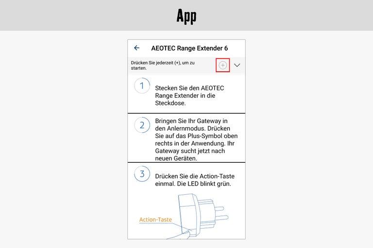App-Ansicht mit Installationsanweisungen für den Aeotec Range Extender 6