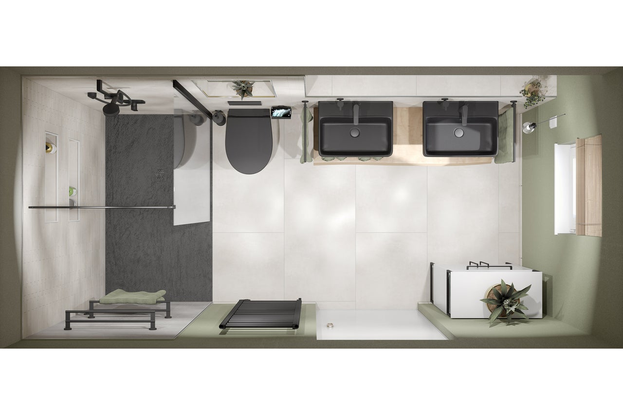 Draufsicht eines Badezimmers mit Dusche, Toilette, zwei Waschbecken und Badewanne
