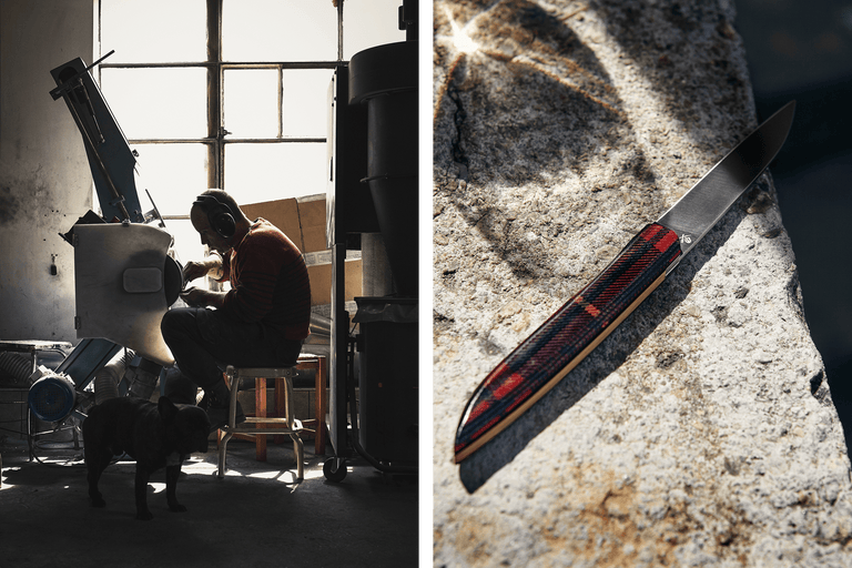 Auf der linken Seite arbeitet ein Handwerker mit Kopfhörern an einem Gerät in einer Werkstatt, während auf der rechten Seite ein Messer mit kariertem Griff auf einer Steinmauer liegt.