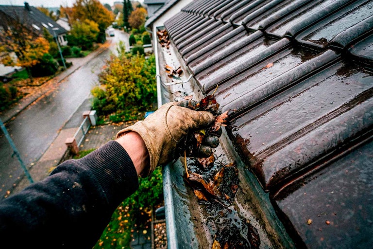 Eine Person reinigt eine Dachrinne von Laub und Schmutz.