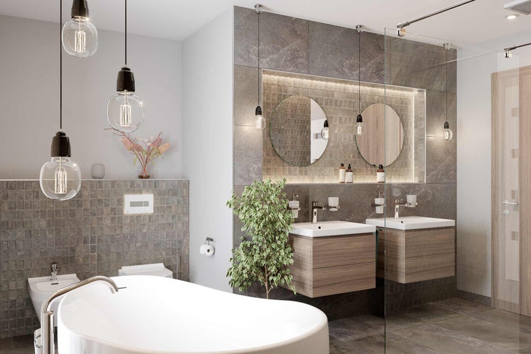 Modernes Badezimmer mit Badewanne, Waschtischen, Spiegeln und Beleuchtung