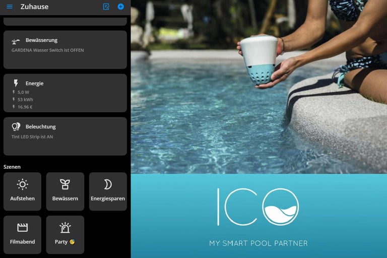 ICO Logo auf einem Smartphone-Display mit Poolüberwachungs-App, daneben ein Pool