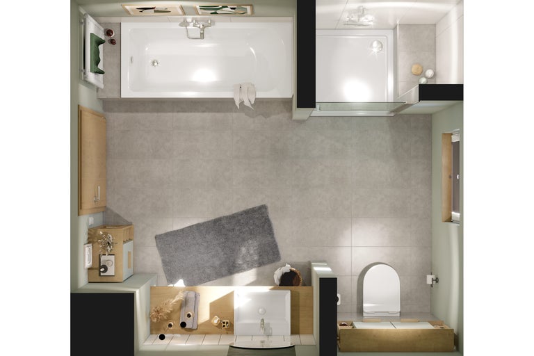 Ansicht von oben eines Badezimmers mit Badewanne, Dusche, Waschbecken und Toilette