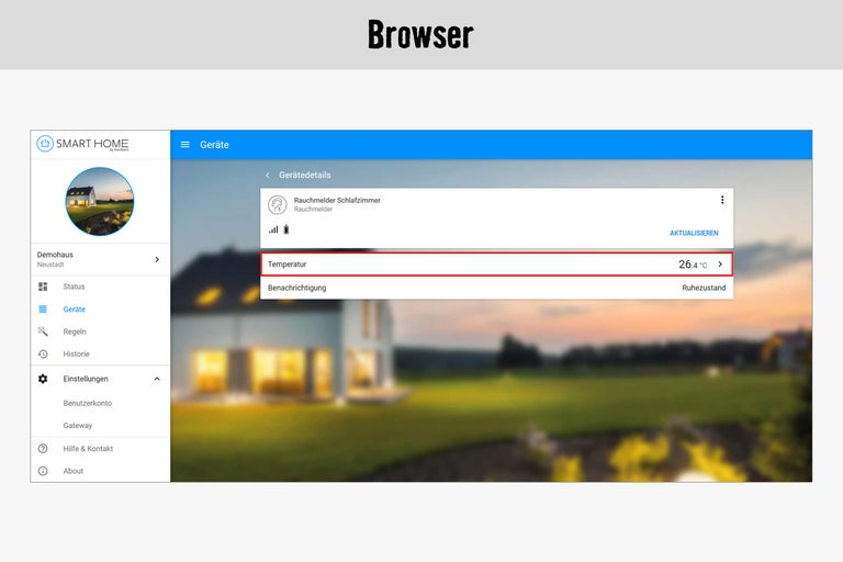 Screenshot einer Smart Home App, die die Temperatur von 26,4 Grad Celsius anzeigt