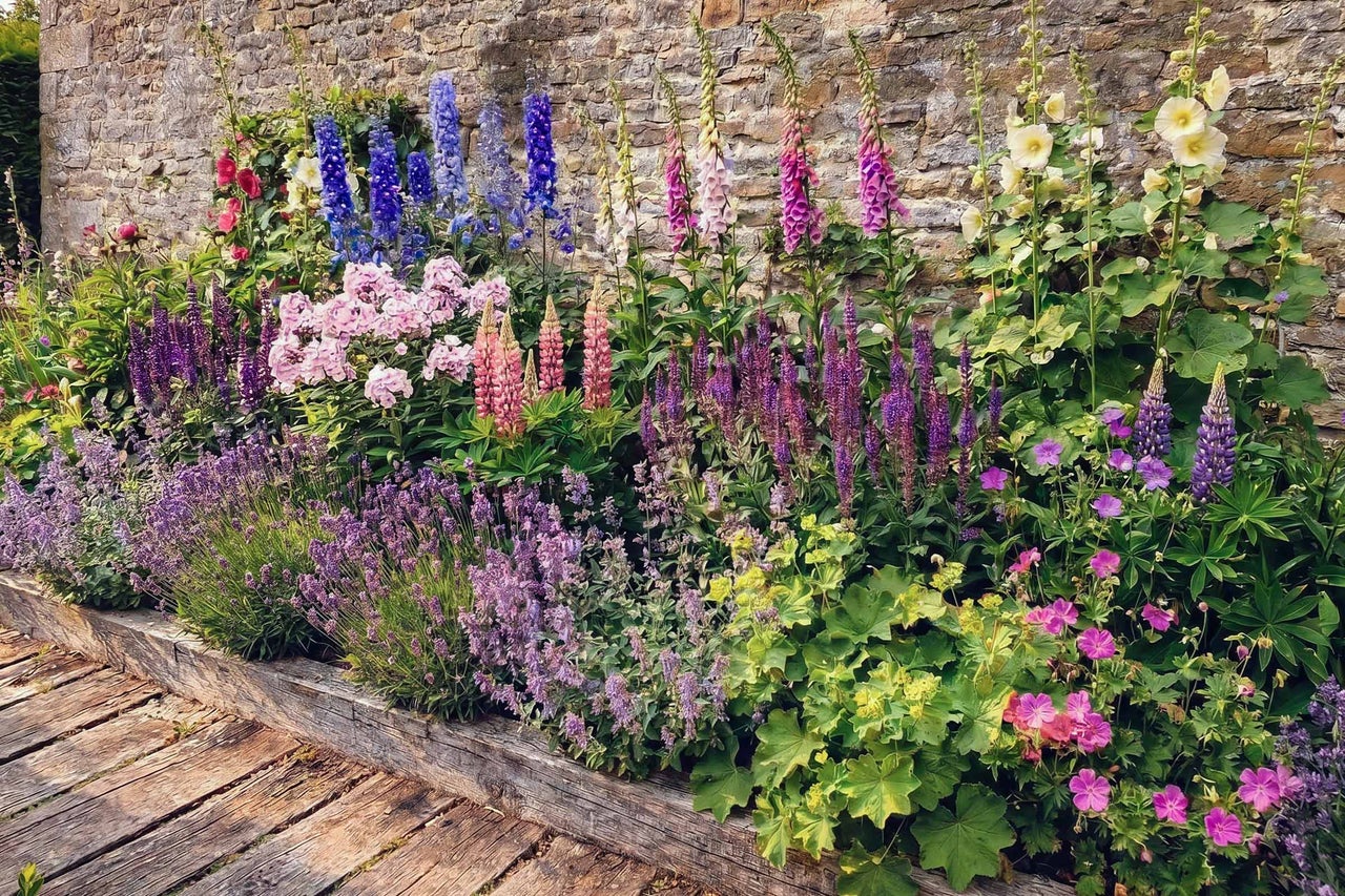 Üppig bepflanztes Gartenbeet mit Stauden wie Lavendel, Fingerhut und Rittersporn vor einer rustikalen Steinmauer und einem Holzweg.
