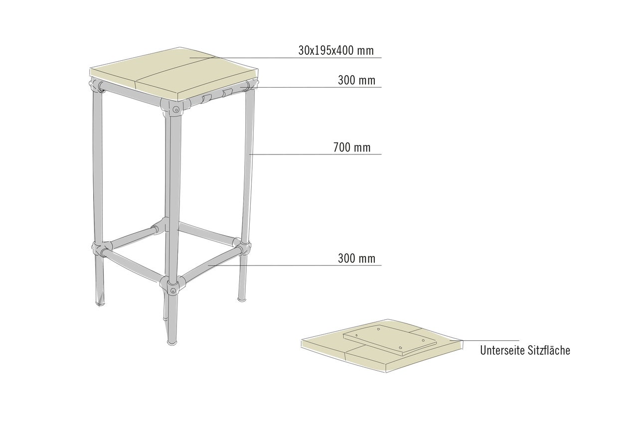 Abbildung eines Barhockers mit den Maßen 30 x 195 x 400 mm, einer Höhe von 700 mm und einer Fußstützenhöhe von 300 mm
