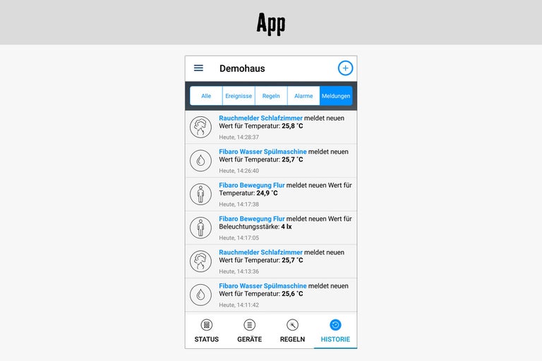 Screenshot der App mit Meldungen zu Temperatur und Beleuchtungsstärke