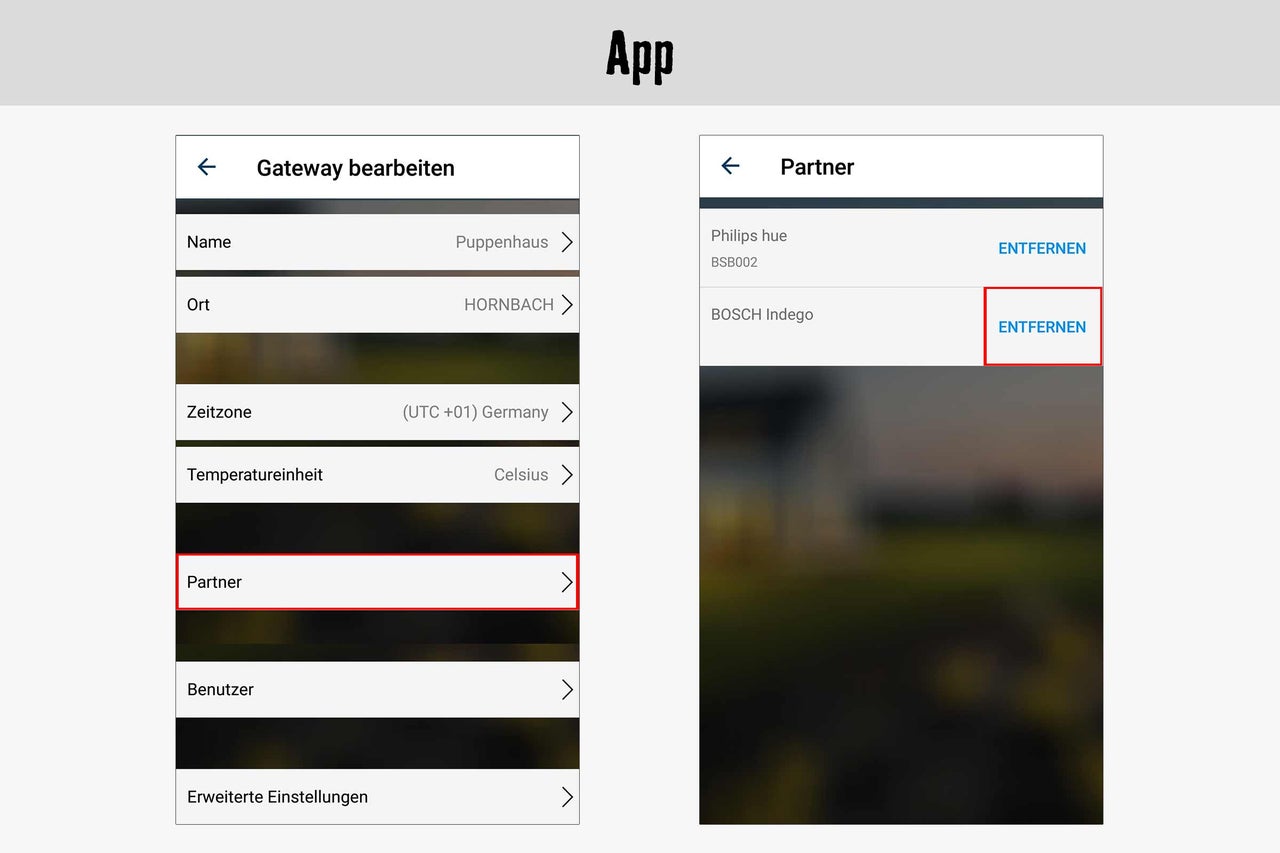 App-Ansicht mit Optionen zum Bearbeiten des Gateways und zum Entfernen von Partnern