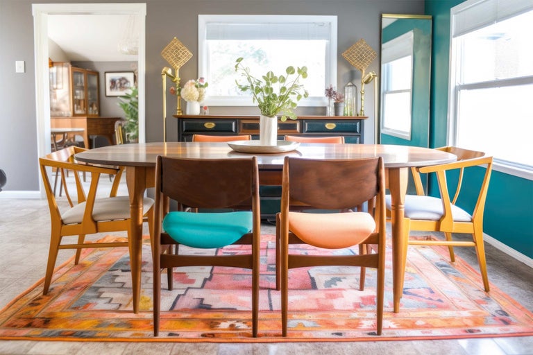 Esstisch mit Stühlen und Teppich in einem Esszimmer.