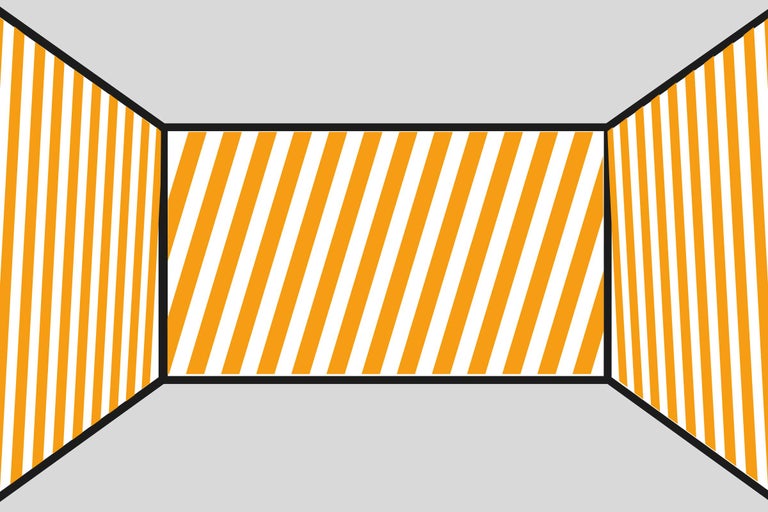 Grafische Darstellung eines Raumes mit gelb-weißen Warnstreifen