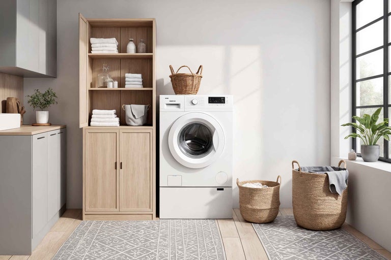 Wäschezimmer mit Waschmaschine, Regalen und Wäschekörben