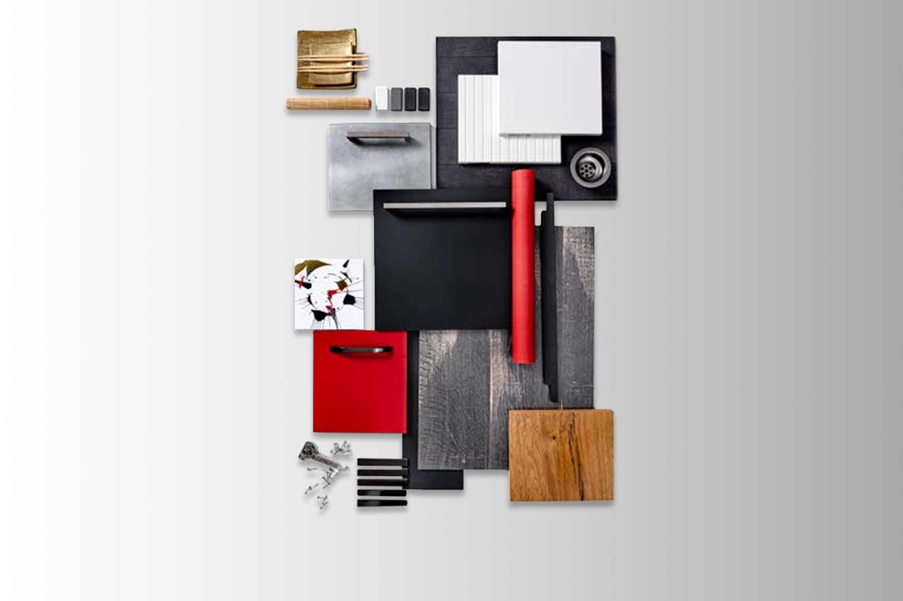 Collage mit verschiedenen Materialien und Farben für die Küchengestaltung